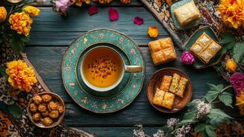 A table setting for Nowruz, green cup of tea, traditional sweets, dried fruits, and flowers. Persian New Year. Top view photo