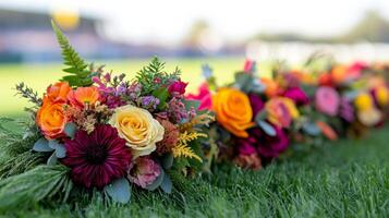 Assortment of floral headpieces and boutonnieres displayed on green grass at a racetrack. Spring luxury event photo