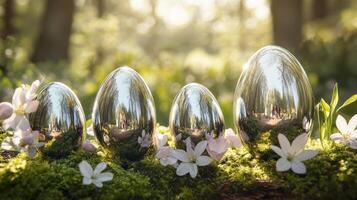 Four chrome Easter eggs rest on soft moss, surrounded by delicate forest flowers. Modern metallic natural design photo