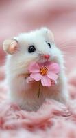 A fluffy tiny white hamster holds a delicate pink flower. Spring, with soft pastel hues, Easter and new beginnings photo
