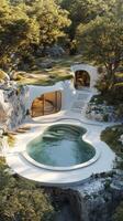 A modern luxurious house nestled in a natural environment features unique architectural elements, elegant circular pool photo