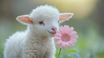 A fluffy tiny white lamb stands beside a pink flower in a green landscape. Spring and Easter, the innocence of nature photo