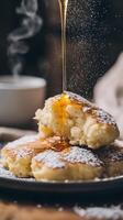 Fluffy pancakes with warm syrup cascades down and dusting of powdered sugar. Homemade breakfast. Vertical image photo