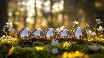 A row of chrome Easter eggs rest on soft moss, surrounded by delicate forest flowers. Modern metallic natural design photo