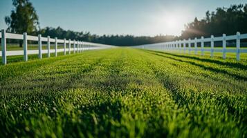 A low-angle view of a racecourse with trimmed green grass and a white fence. Sun casts glow over racetrack, lush lawn photo