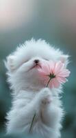 un mullido minúsculo blanco gatito suavemente sostiene un rosado flor. esencia de primavera con suave tonos y un sereno Pascua de Resurrección atmósfera foto