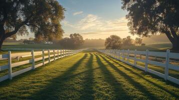 A tranquil racetrack with a wide, trimmed green grass field bordered by white fence. Morning sun casts soft shadows photo