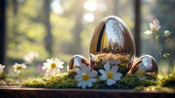 Three chrome Easter eggs resting on soft moss, surrounded by blooming flowers in sunlit forest. Modern metallic design. photo