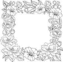 Line art square frame with decorative flowers on white background vector