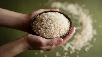 Hands hold a bowl of rice, showcasing nutritious and versatile staple food enjoyed worldwide, healthy eating and global cuisine. Culinary concept photo
