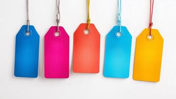 rectangular bright tags without inscriptions on a white background in the amount of five pieces photo