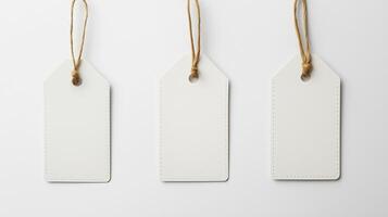 white plain tags without inscriptions on a white background with strings in a top view photo