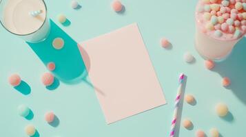 postcard mockup postcard with a light blue tint, bright daylight, pastel candy and milkshake details photo