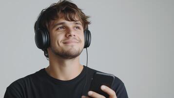 European-looking guy with headphones on his head and a phone looking away happily photo