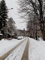 photo of a snowy winter street early on a cloudy morning