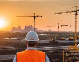 A man in a safety vest stands in front of a construction site photo