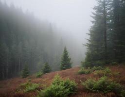 A forest with trees and a foggy sky photo