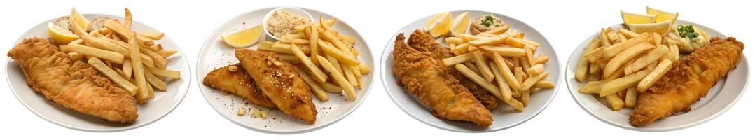 Fish and chips with fries and tartar sauce with sliced lemon on a plate isolated on a white background. photo