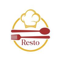 resto logo design concept idea with spoon, fork and chef vector