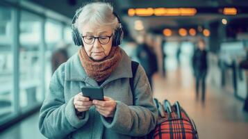 An elderly woman in a warm coat and scarf listens to music with headphones while checking her phone at a busy train station. photo