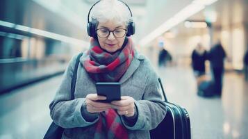 An elderly woman in a warm coat and scarf listens to music with headphones while checking her phone at a train station. photo