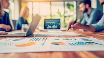 A business team analyzes financial charts and graphs during a meeting, discussing data insights for strategic planning. photo