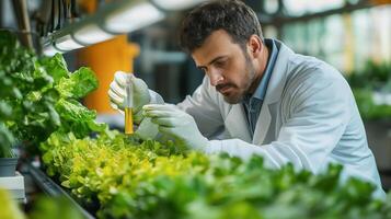 A scientist in a lab coat examines a liquid sample in a test tube while researching plant growth in a hydroponic greenhouse. photo