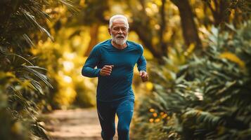 A senior man enjoys a refreshing morning run through a lush green forest, staying active and maintaining a healthy lifestyle. photo