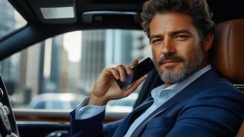 A confident businessman in a luxury car, dressed in a sharp suit, holding a smartphone while looking assertively at the camera. photo