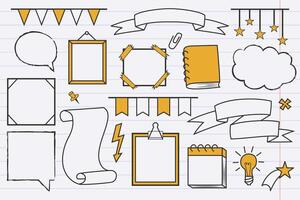 Collection of hand drawn stickers. Frames, speech bubbles, banners, and decorative elements on lined paper vector