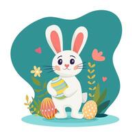 Cute rabbit with colorful eggs surrounded by flowers and leaves vector