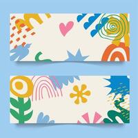 Bright horizontal banners with doodles, abstract forms, and vibrant colors vector