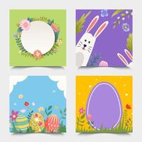 Square Easter cards featuring bunnies, eggs, and flowers vector