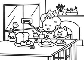 Animal selfie with friends coloring pages style. vector
