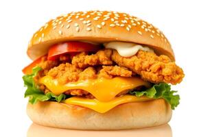 A chicken sandwich with cheese and lettuce on a white background photo