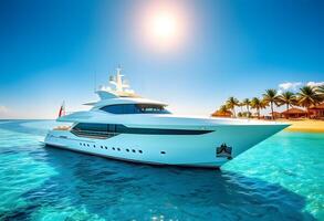 Luxury yacht in the ocean with palm trees photo