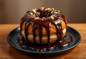 A donut with chocolate sauce and nuts on a black plate photo