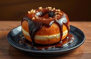 A donut with chocolate and nuts on a black plate photo