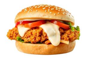 A chicken sandwich with cheese and tomatoes on a white background photo