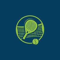 This logo depicts the sport of padel with a green racket inside a circle and a ball at the bottom. Behind the racket is a net that indicates the court. The racket has small holes typical of padel, vector