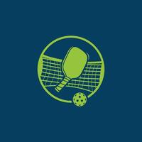 The logo features a green pickleball racket inside a circle, with a ball at the bottom. Behind the racket, there is a net that represents the court. The bright green contrasts with the dark blue backg vector