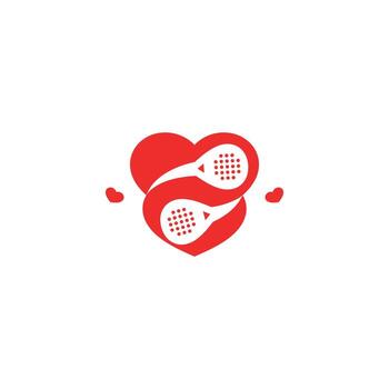 This image shows a red heart with two padel rackets in the middle, forming an infinity symbol, surrounded by small hearts. The design is simple, symbolizing the love of padel. vector
