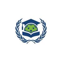 The logo features a green pickleball ball with a toga, symbolizing education and sports. Below it is an open book and surrounded by a laurel wreath as a symbol of achievement. vector