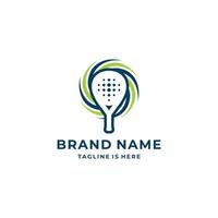 Modern padel logo with a hollow racket design and dynamic green-blue spiral elements, symbolizing movement and energy. vector