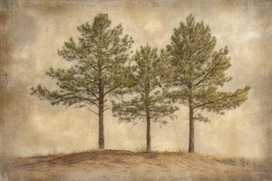 Three Evergreen Trees on a Hill Against a Textured Beige Background photo
