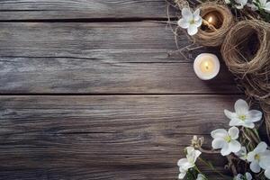 Candle and White Flowers on Rustic Wood Background for Spa photo