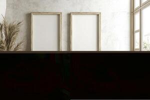 Two Frames Display on Wall with Window Light and Pampas Grass photo
