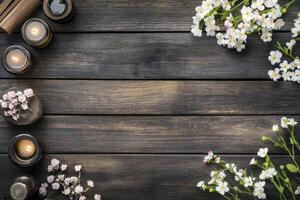 Relaxing Spa Setting with Candles and Flowers on Rustic Wood Surface photo