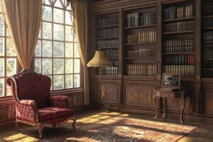 Classic Library with Armchair Books and Sunlight for Reading Room Inspiration photo
