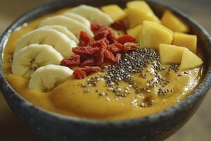 Bowl of Colorful Smoothie with Mango Banana Goji Berries and Chia Seeds photo